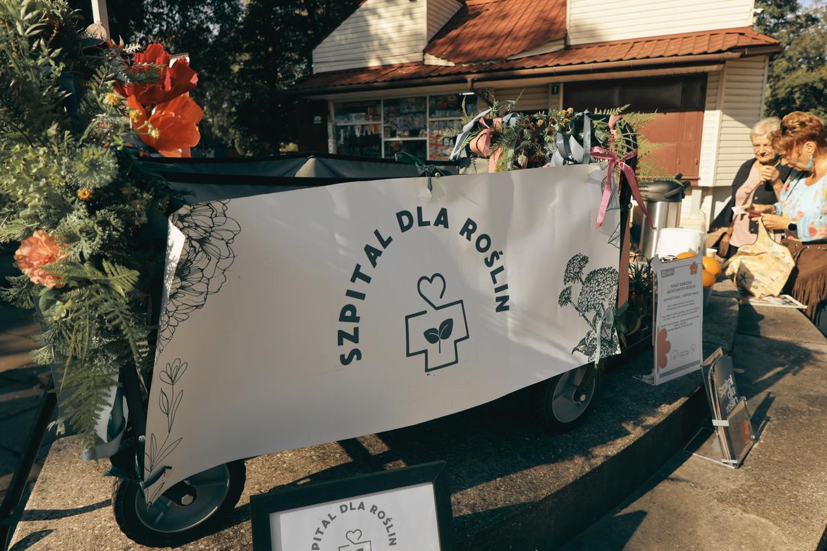 Mobilny Szpital dla Roślin Fundacji Czerwony Krakowiak na Placu Targowym Bulwar, ozdobiony jesiennymi kwiatami i roślinami.