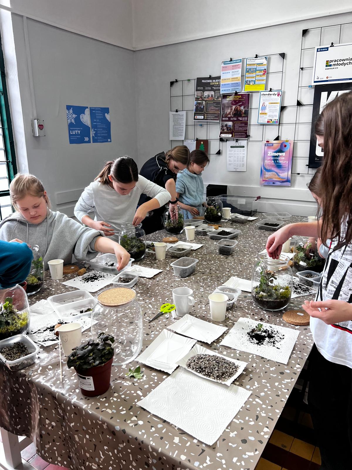 Dzieci uczestniczą w zajęciach praktycznych dotyczących roślin, sadzą je w pojemnikach z ziemią i substratami.
