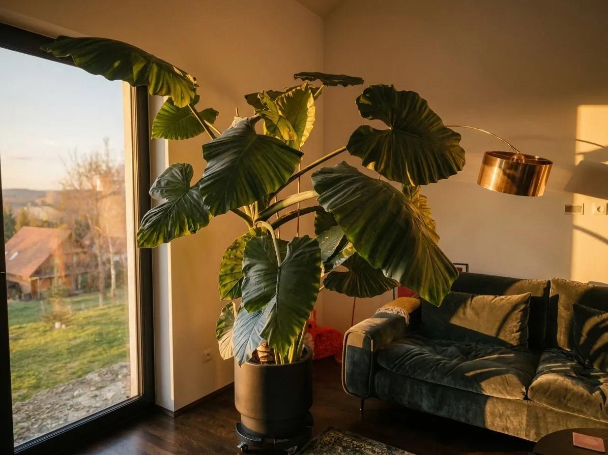 Dojrzała alokazja z szerokimi liśćmi w doniczce, oświetlona słońcem w nowoczesnym wnętrzu – idealna kandydatka do przesadzenia.