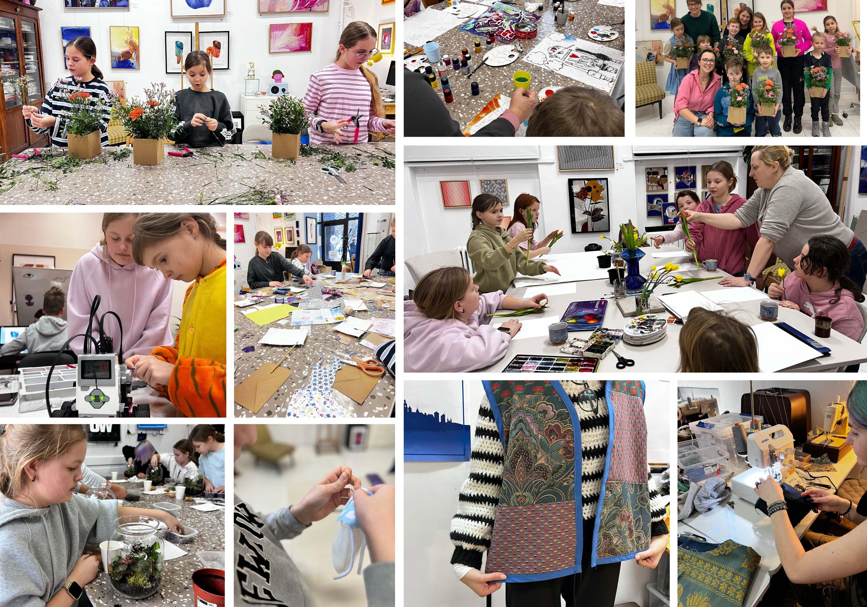 Warsztaty artystyczne dla dzieci i młodzieży z florystyką, malowaniem i sztuką dekoracyjną w szkolnej pracowni.