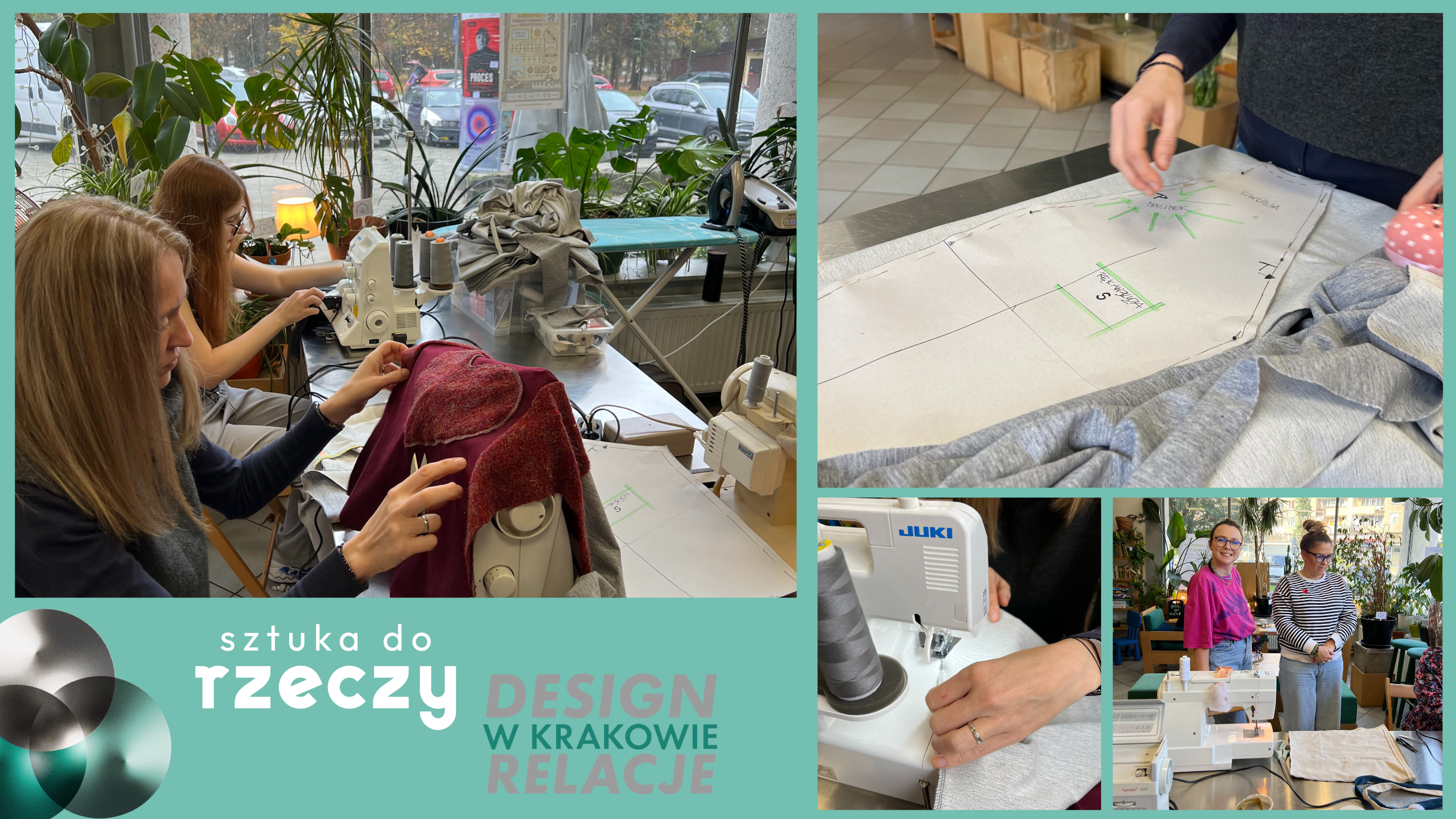 Grupa osób uczestniczy w warsztatach szycia i projektowania mody w krakowskiej pracowni z maszynami do szycia.