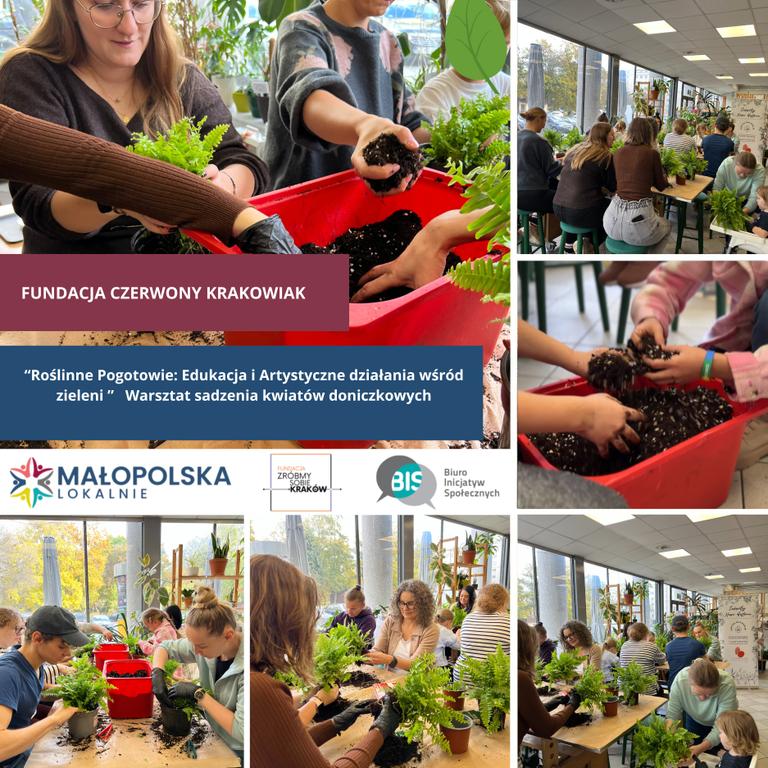 Dzieci uczestniczą w warsztatach sadzenia kwiatów doniczkowych organizowanych przez Fundację Czerwony Krakowiak.