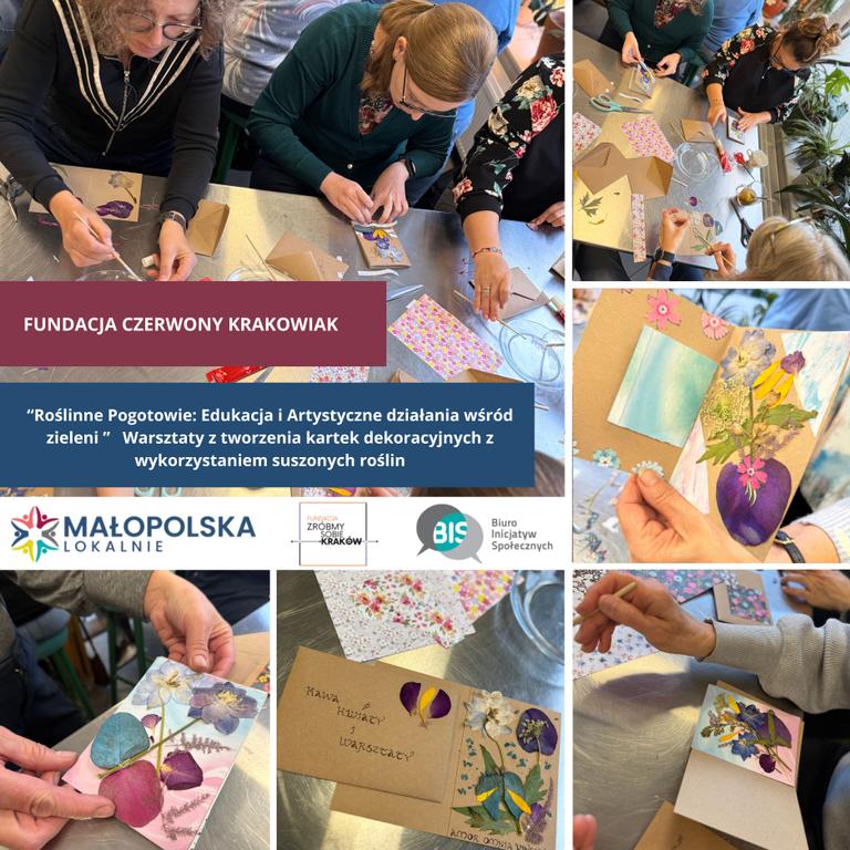 Warsztaty tworzenia kartek dekoracyjnych z suszonych roślin w ramach programu edukacyjnego Fundacji Czerwony Krakowiak.