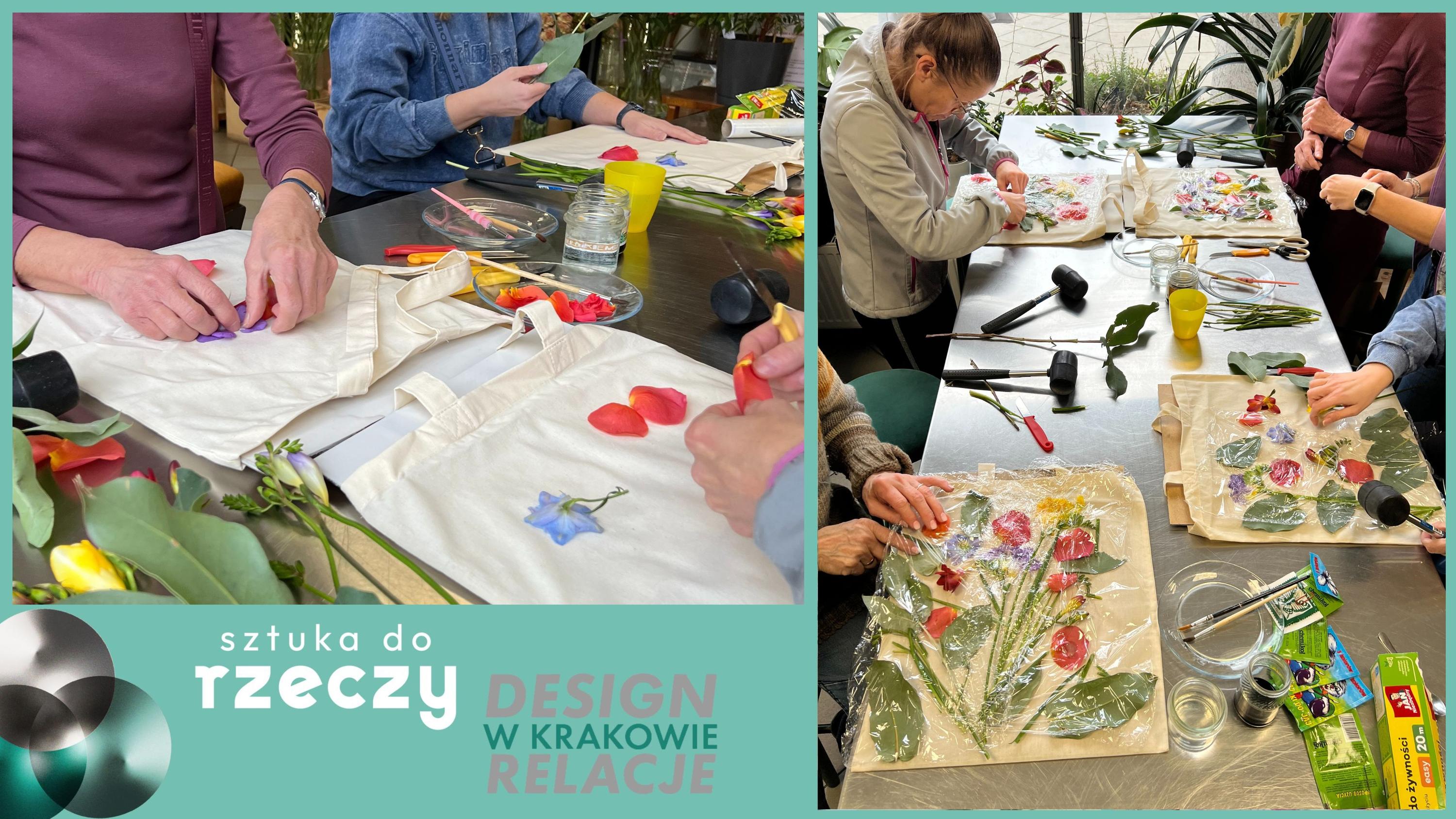 Grupa osób uczestniczy w warsztacie sztuki rzęchu, tworząc projekty z kolorowymi kwiatami i liśćmi w Krakowie.