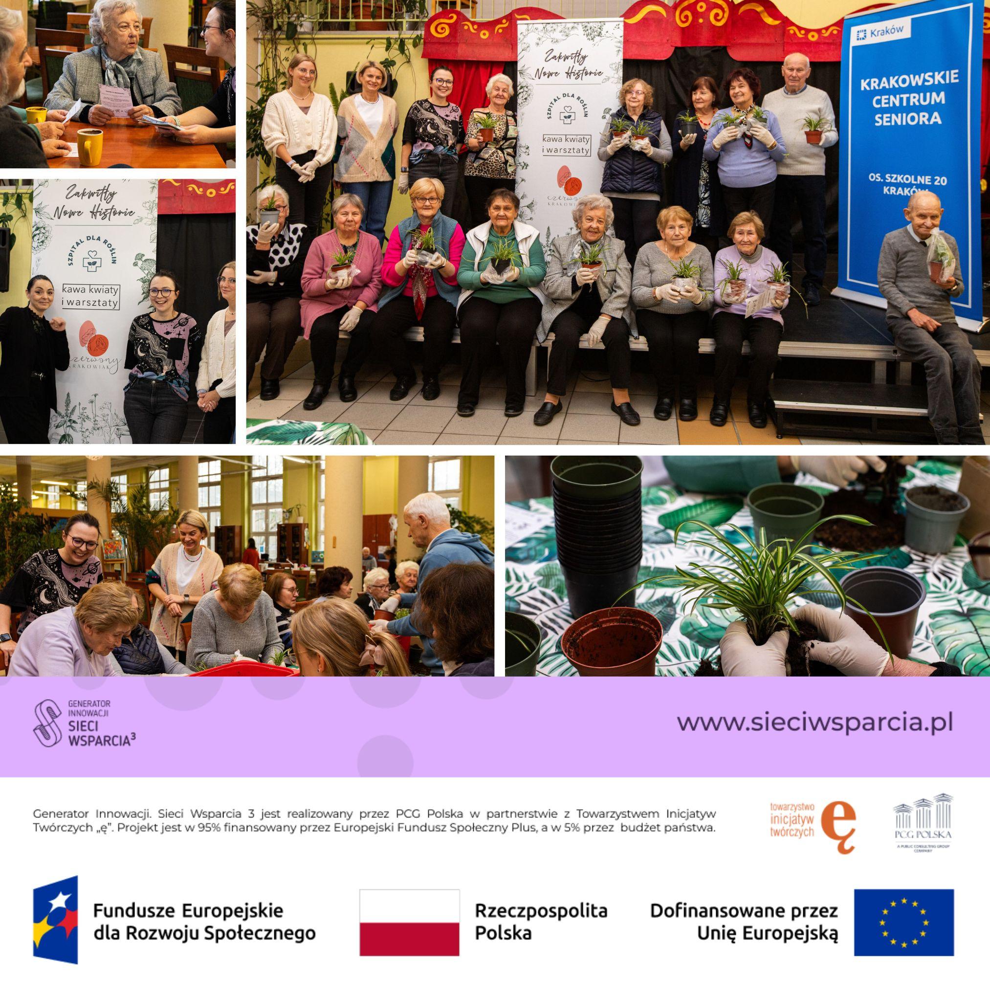 Seniorzy uczestniczą w warsztacie "Kawa kwiaty i warsztaty" w Krakowskim Centrum Seniora, gdzie sadzą rośliny doniczkowe.