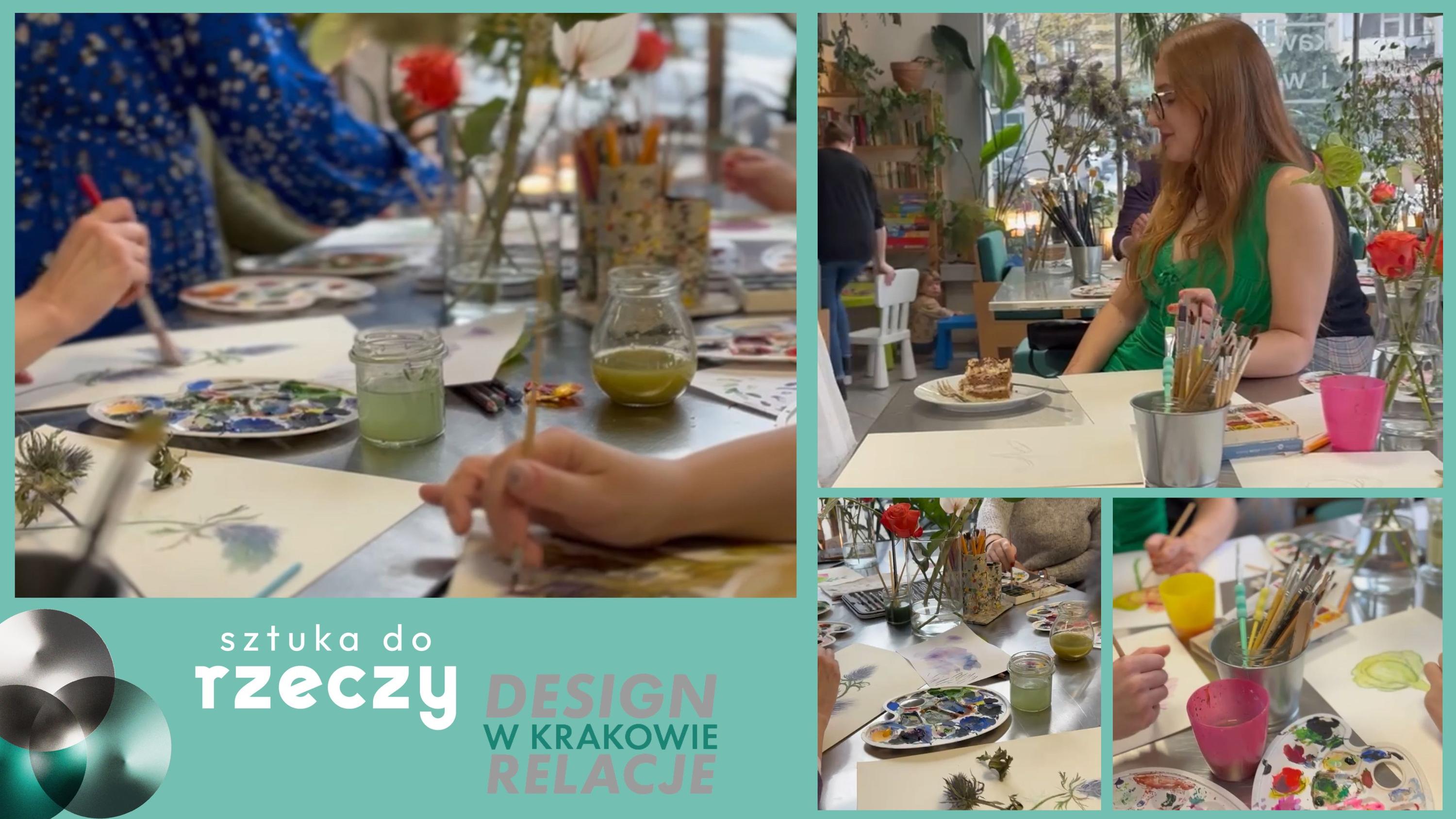 Warsztaty sztuki do rzeźby design w Krakowie, gdzie uczestnicy tworzą prace przy stolikach z kwiatami i napojami.