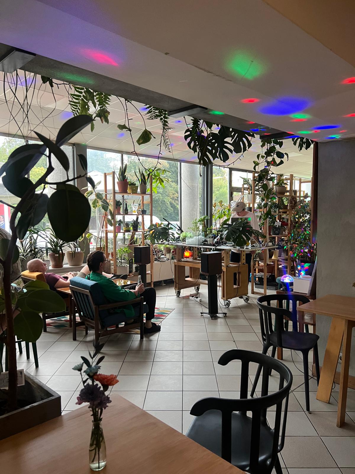 Nowoczesna kawiarnia z bujną zielenią, kolorowymi światłami LED na suficie i kilkoma gośćmi siedzącymi przy stolikach.