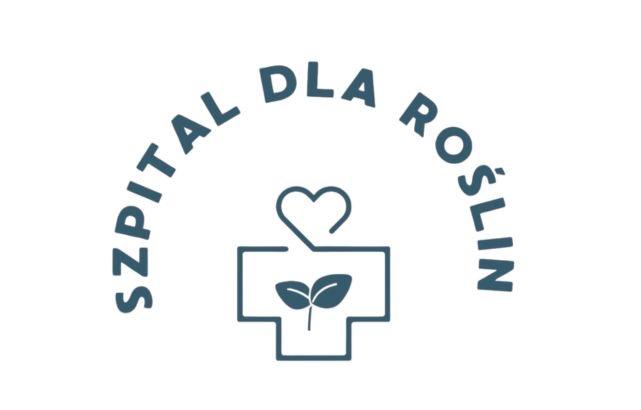 Logo szpitala dla roślin z krzyżem, sercem i rośliną w środku oraz napisem w kółku.